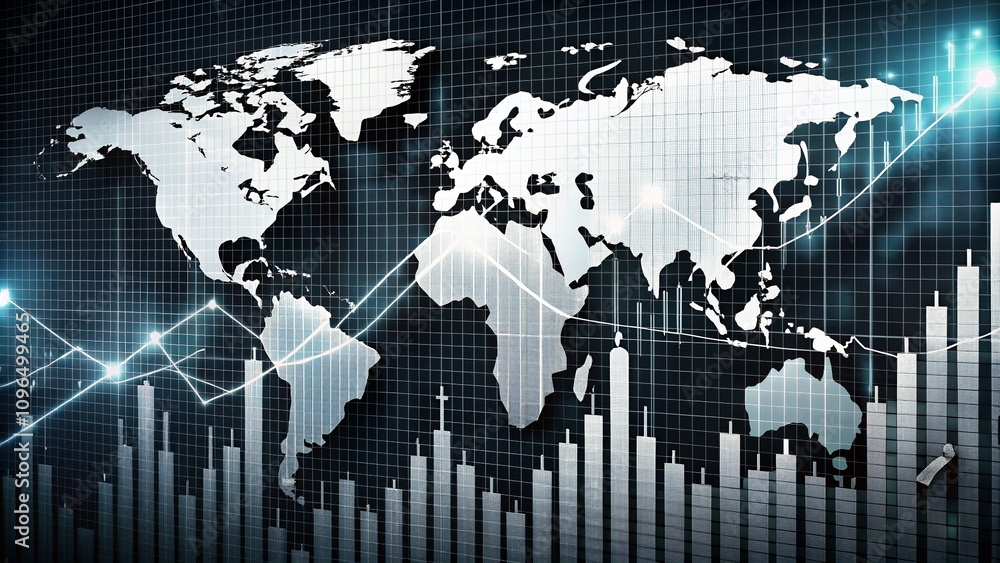 Poster abstract financial chart with uptrend graph and world map on black and white background for business