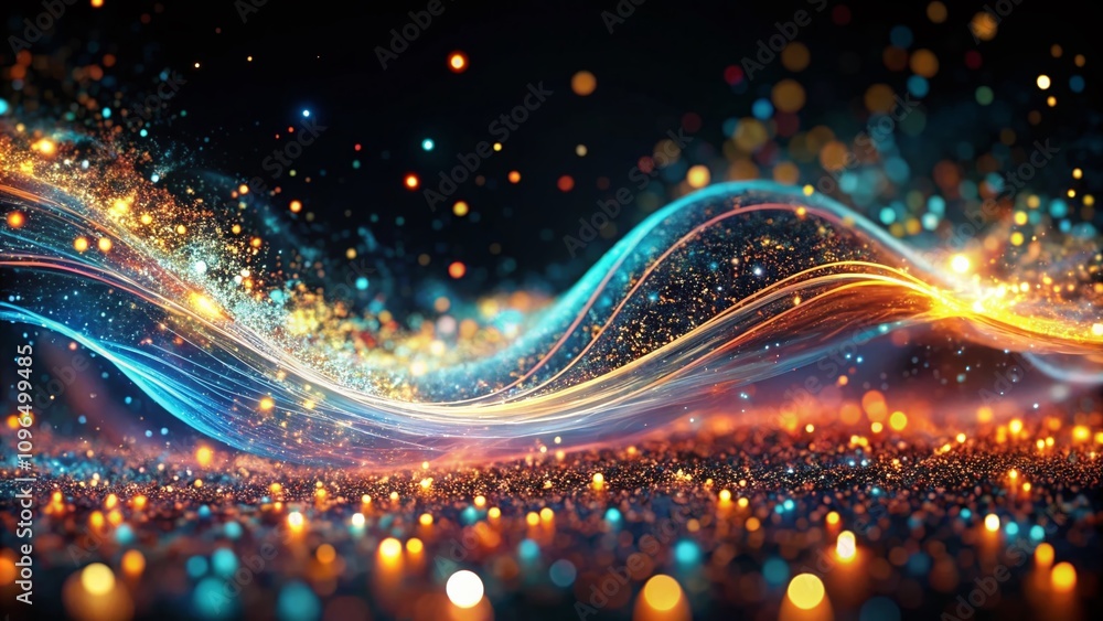 Poster abstract flowing wave of energy with glowing particles on a black background, showcasing vibrant col