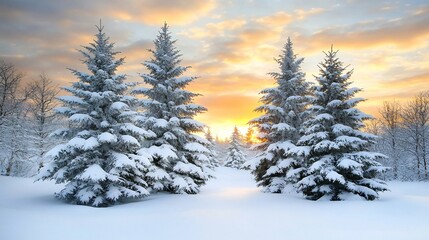 Fototapeta premium Serene Snowy Pine Forest at Sunset with Soft Golden Light