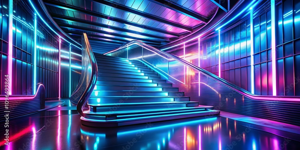 Poster abstract futuristic 3d stairway background with dynamic shapes and light effects, perfect for techno