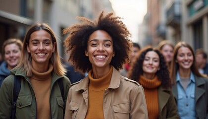 Fototapeta premium Young diverse group of united people of different ethnicities smiling on city street, warm lighting, modern tones, multiracial best friends, unity and diversity of people