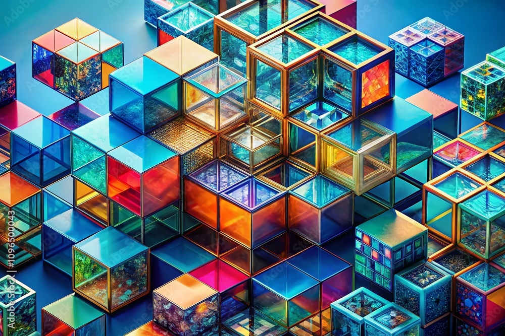 Poster abstract geometric cube collection on blue background featuring double exposure photography with col