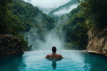Fototapeta premium Serene Setting of a Person Soaking in a Hot Spring Surrounded by Lush Mountains and Mist, Evoking Peace and Tranquility in Nature’s Embrace