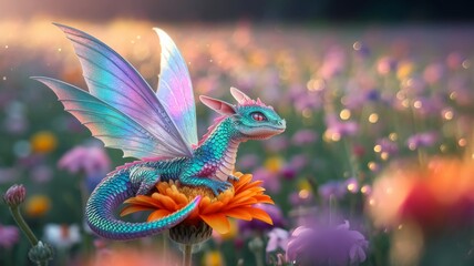 Obraz premium Fantasy miniature dragon with iridescent wings on a vibrant flower