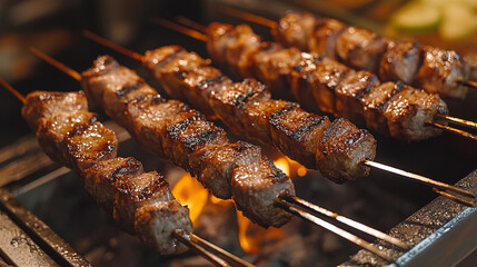 Juicy, grilled meat skewers on a barbecue grill, sizzling and charred to perfection. Perfect for food, cooking, or barbecue-themed projects.