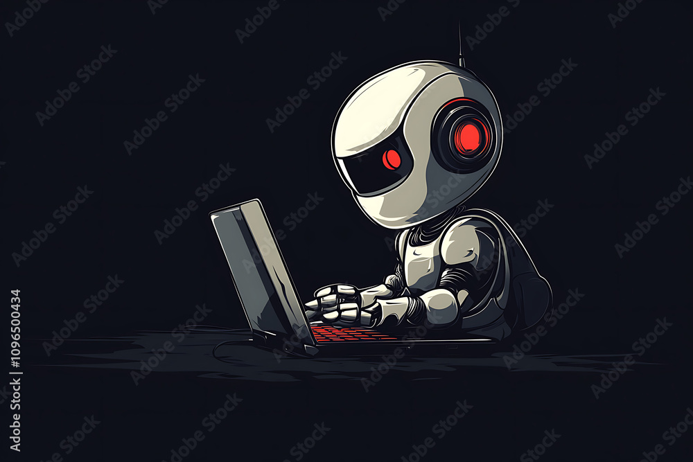 Poster a futuristic robot typing on a laptop in a dark environment.