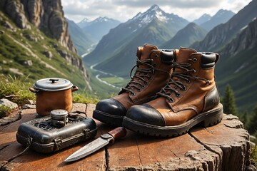 Hiking Boots  Mountain Valley View  Camping Cookware  Knife  Outdoor Adventure