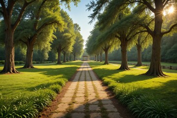 Obraz premium Serene Park Pathway Sunlit Trees Green Grass Gazebo