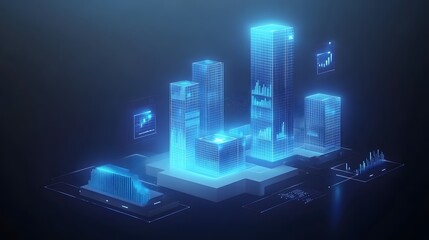 Fototapeta premium 3D business data visualization with floating&nbsp;blue bar charts, UI dashboard elements, and white&nbsp;geometric platforms, featuring holographic statistics in&nbsp;modern infographic style.