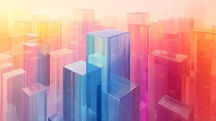 Fototapeta premium Isometric glass skyscrapers with translucent gradients transitioning from blue to pink, featuring&nbsp;modern geometric shapes and glowing edges&nbsp;on light beige background.