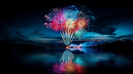 Vibrant Fireworks Exploding in the Night Sky Above a Serene Lake Creating a Stunning Display of Colorful Lights and Reflections on the Water Surface