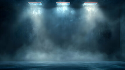 Obraz premium Moody 3D Render of a Foggy Room with Three Lights Illuminating a Concrete Wall