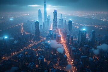 Futuristic Cityscape at Night  Aerial View of Illuminated Skyscrapers and Roads