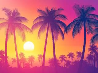 Obraz premium Tropical sunset with palm trees and ocean, a pink, purple, and orange sky, a summer vacation background