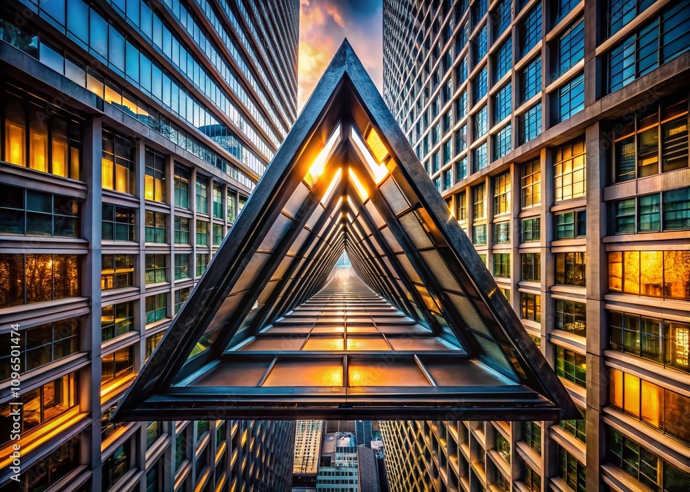 Poster abstract isometric optical illusion featuring impossible triangle and geometric shapes in urban expl
