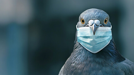 A close-up of a pigeon wearing a medical mask against a pastel blue background, blending humor and social commentary with a creative concept.