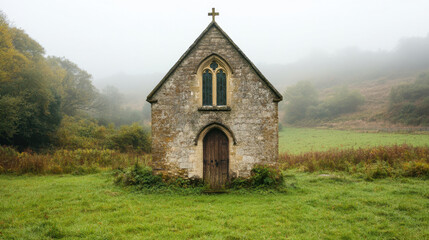 Fototapeta premium Historic Churches and Art and Iconography. A quaint, fog-covered stone chapel stands alone in a lush green field, evoking a sense of tranquility and mystery.
