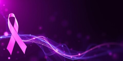 Abstract digital artwork of a pink ribbon morphing and blending with futuristic AI technology, technology, cancer awareness, generative art