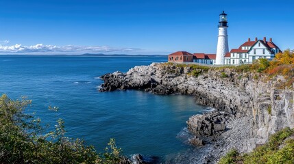 A stunning lighthouse stands proudly on a rocky coast, overlooking the blue ocean under a clear sky