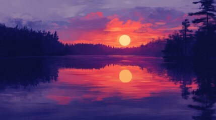 Obraz premium A sunset reflecting off a lake, with colors transitioning from orange to purple.