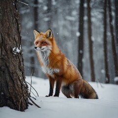 Obraz premium A stunning red fox with a fluffy tail standing alert in a snowy forest.