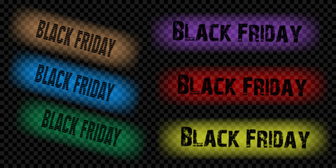 multicolored ribbons on transparent background for sale on "Black Friday". colored ribbon with black friday sales inscriptions. Discount ribbons with background for advertising, online store or websit