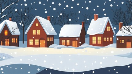 Snowy village at night with cozy houses and falling snow.