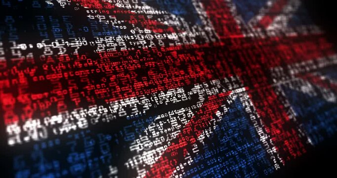 UK United Kingdom USA flag waving secure code. GB British blowing banner cyber security attack and hack concept animation.
