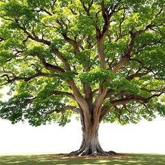 Fototapeta premium A large tree with a sprawling canopy of green leaves, casting dappled shadows on the ground, foliage, forest