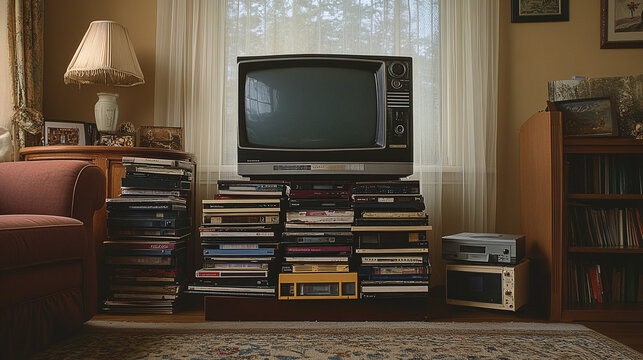 Living room featuring a classic CRT television surrounded by stacked VHS tapes and retro decor. A nostalgic scene capturing vintage home aesthetics.