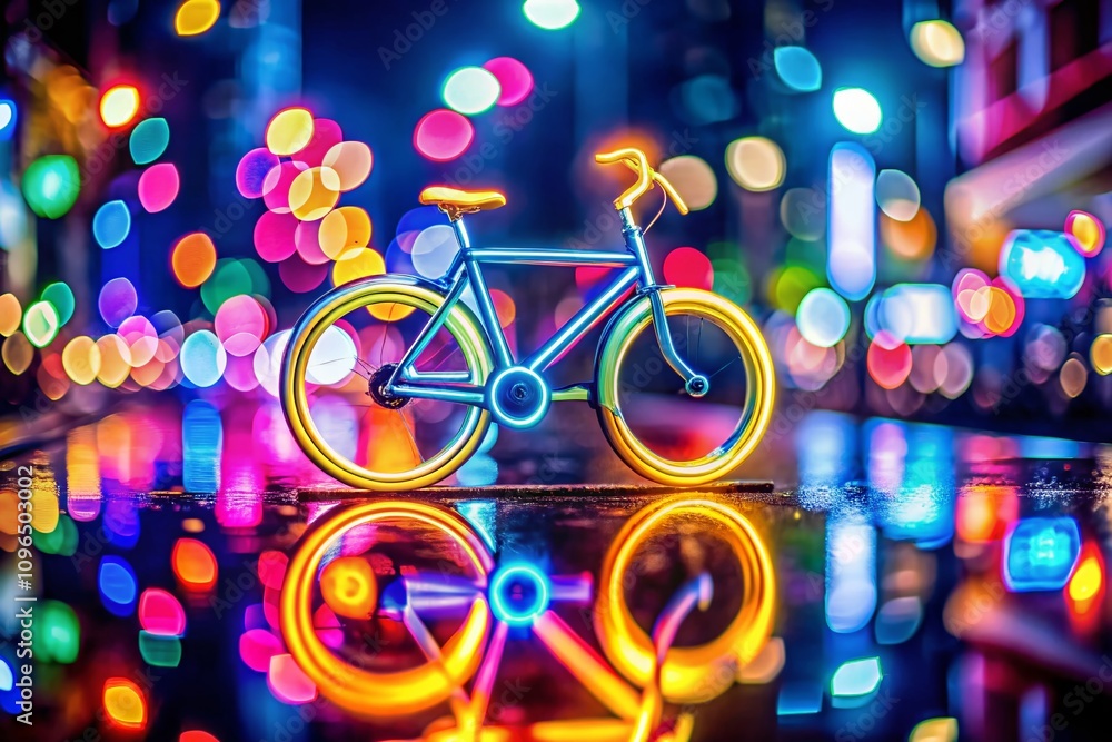Poster abstract neon bicycle animation sign representing public transportation with bokeh effect for modern