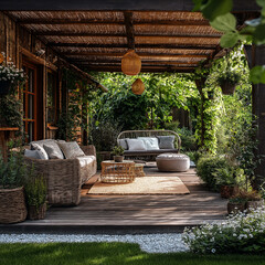 Naklejka premium Cozy outdoor patio with natural decor, comfortable seating, and greenery. Perfect for relaxation and enjoying nature beauty