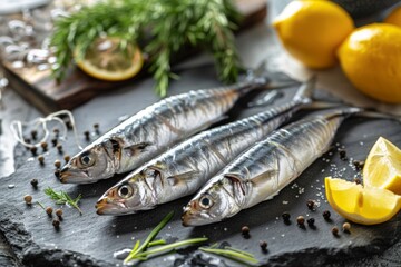 Three fresh fish lie on a slate board surrounded by herbs, lemon, and peppercorns. Concept is culinary presentation. For food blogs or recipe websites.