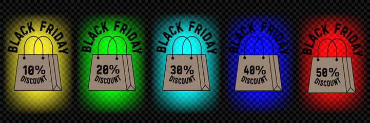 multicolored ribbons on transparent background for sale on "Black Friday". colored ribbon with black friday sales inscriptions. Discount ribbons with background for advertising, online store or websit