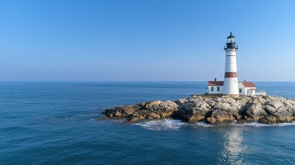 A stunning lighthouse stands proudly on a rocky coast, overlooking the blue ocean under a clear sky