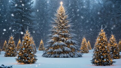 Obraz premium Magical Snowy Forest with Illuminated Christmas Trees