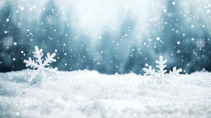 Snowy winter landscape with snowflakes falling on a snowdrift.