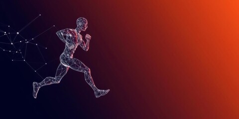 Fototapeta premium Abstract wireframe athlete running in low poly style composed of triangular shapes, representing the intersection of sport, human anatomy, and generative AI technology, technology, sport, wireframe