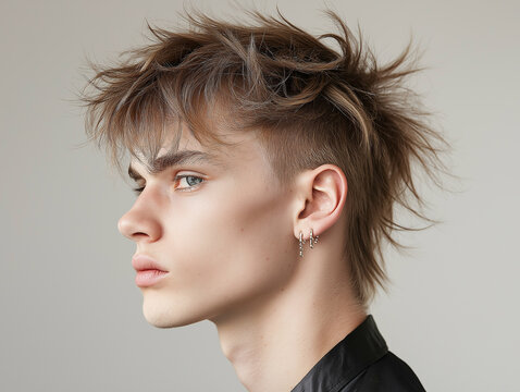 A close-up portrait of a man/woman with a trendy, edgy mullet haircut