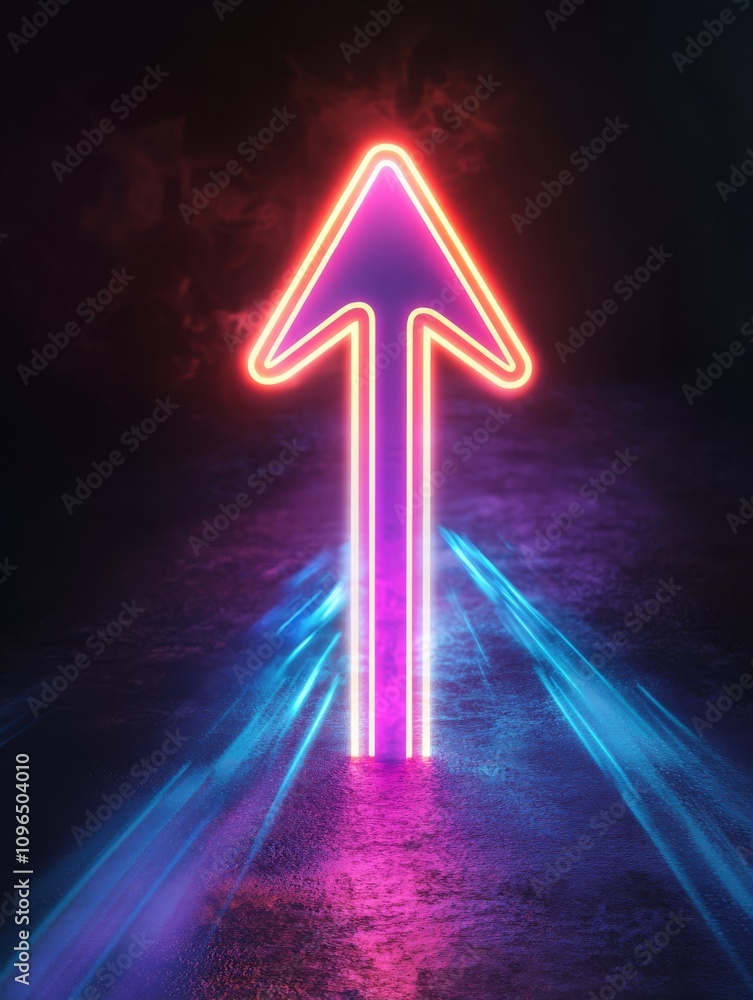 Poster a vibrant and striking neon arrow pointing upward serves as a powerful representation of progress, g