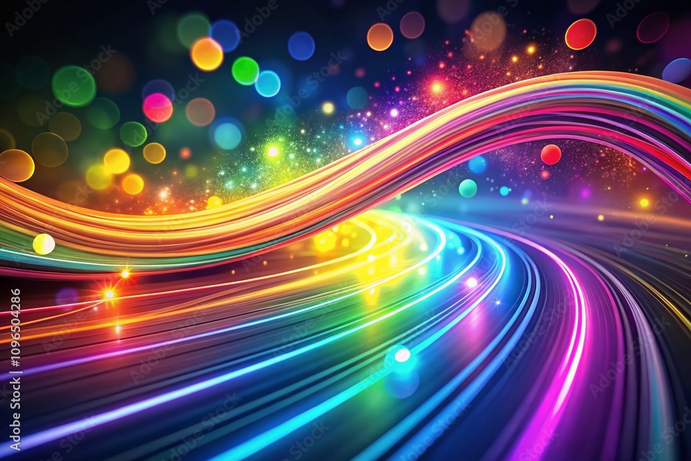 Poster abstract rainbow light trails on dark background, motion lines with bokeh effect for neon flow backd