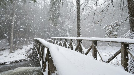 Snowy wooden bridge over a stream in a winter forest.