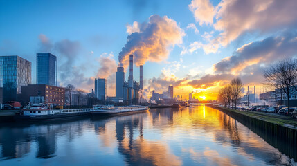 Fototapeta premium Industrial Cityscape at Sunset: River Reflects Smokestacks and Buildings