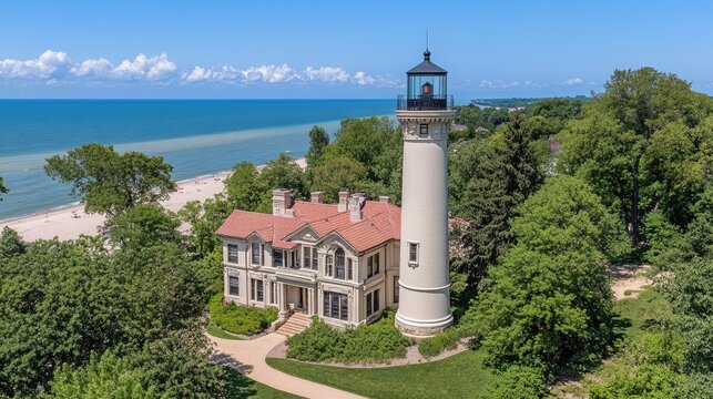 A stunning lighthouse stands proudly on a rocky coast, overlooking the blue ocean under a clear sky