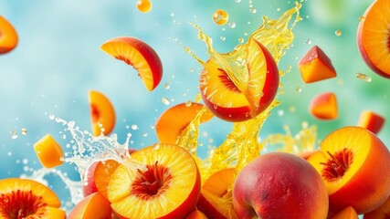 An eye-catching stock photo featuring a burst of fresh peach slices and splashes, perfect for food and beverage marketing campaigns, appetizing, colorful, splashes