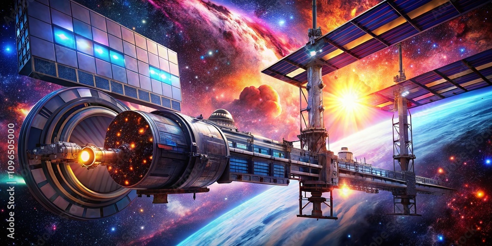 Poster abstract sci-fi design of external panels bathed in colorful light illustrating a futuristic space s