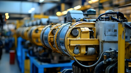 Industrial Machinery. Yellow Cylinders in Factory Setting