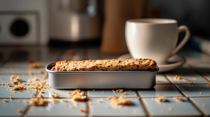 Shortbread biscuits in a tin with a cup of tea on tiled countertop