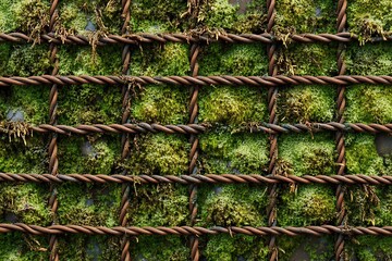 Moss growing on a rusty wire mesh.