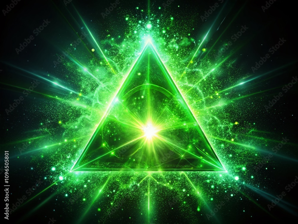 Aufkleber abstract triangle of green glowing light particles with lightning sparks on black background for stu